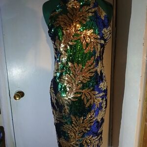 Elegant Sequin Halter Dress in Green, Blue, and Gold